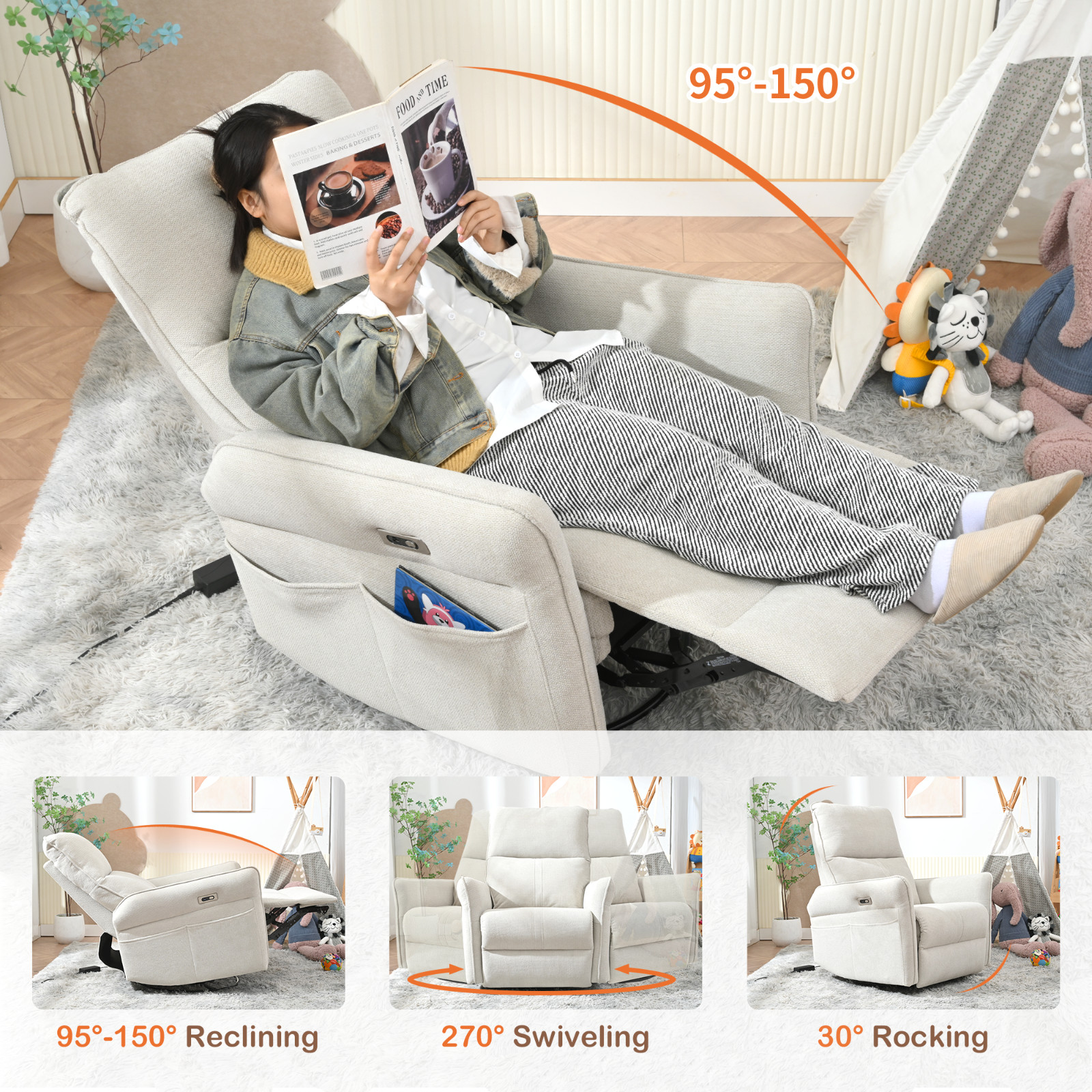 270° Power Swivel Rocker Recliner Chair Electric Nursery Glider Chair USB Fabric
