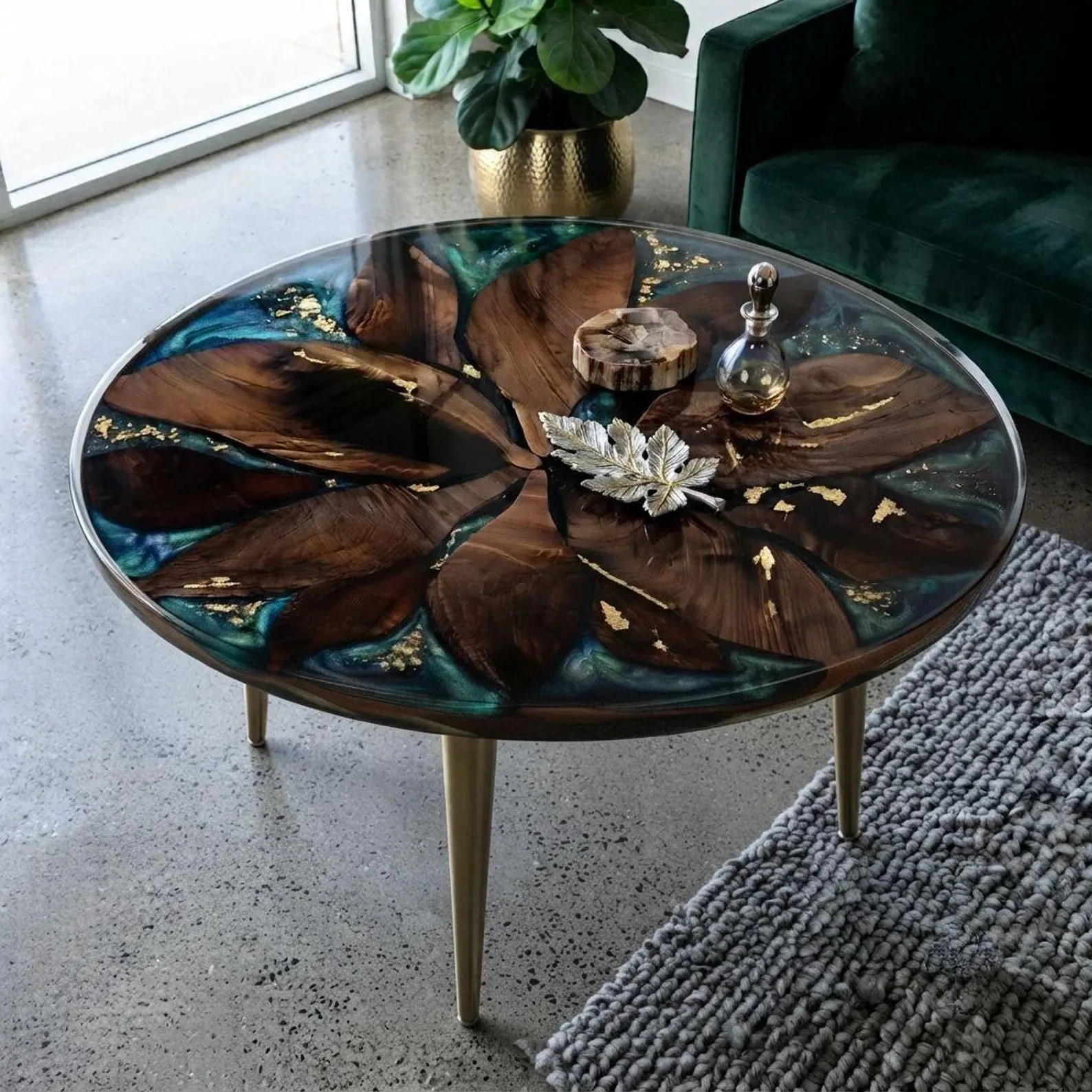 18″Walnut Wood Teal Resin Coffee Table Top Round Floral Gold Leaf Art