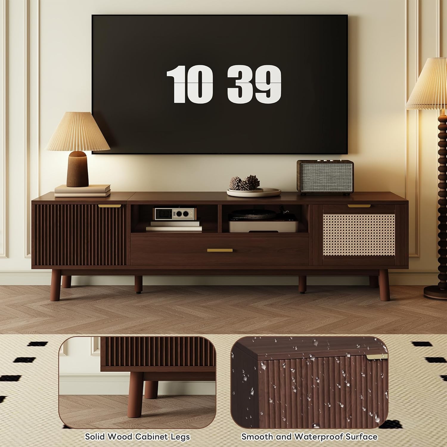 Rattan TV Stand for 75″ TVs, Entertainment Center with Drawer & 2 Cabinets