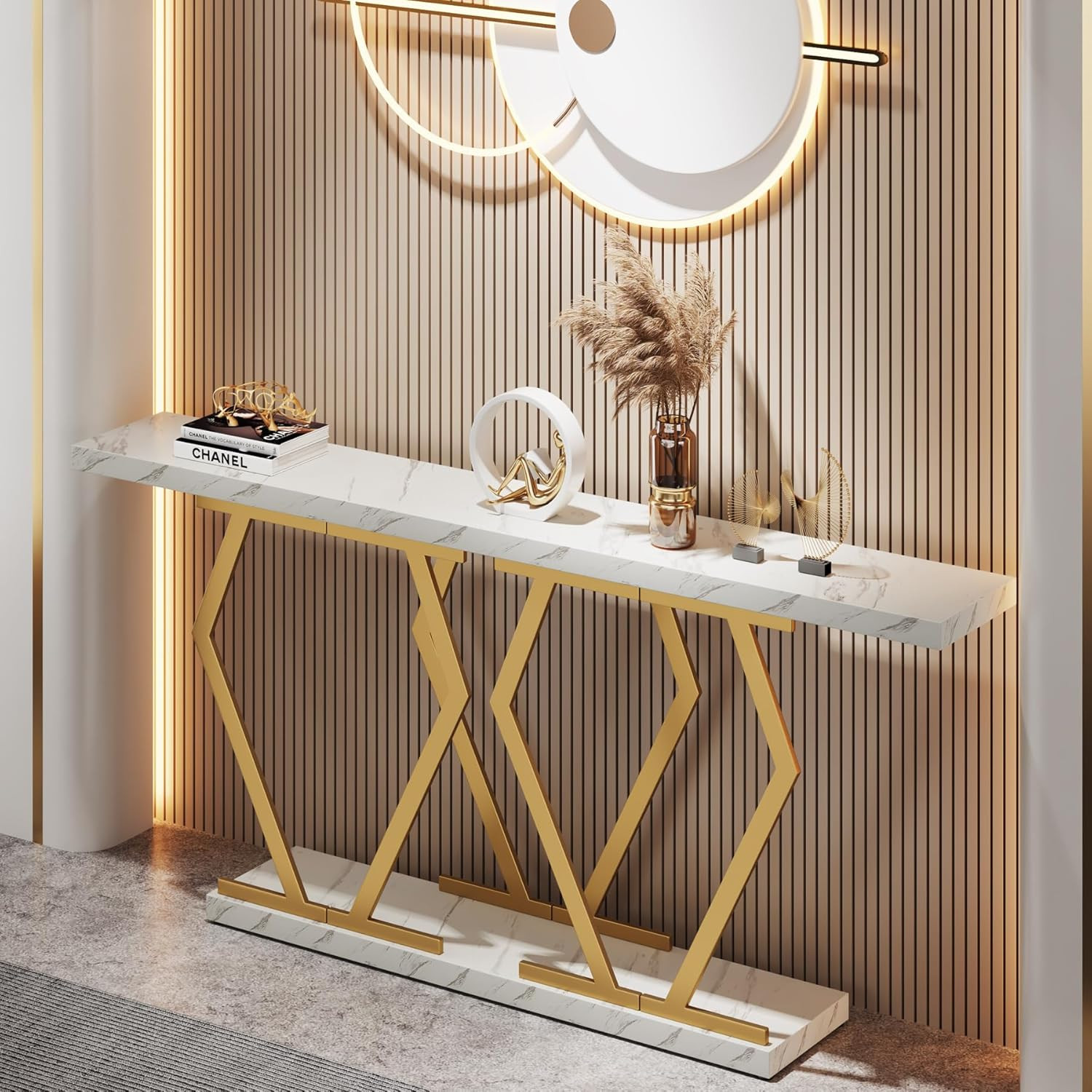 70.9 Inch Extra Long Sofa Table， White and Gold Console Table with Faux Marble T