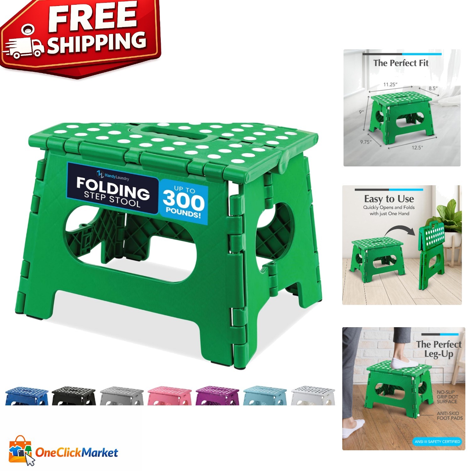 Lightweight Folding Step Stool – 9 Inch Green, 300 lb Capacity, Non-Slip Design