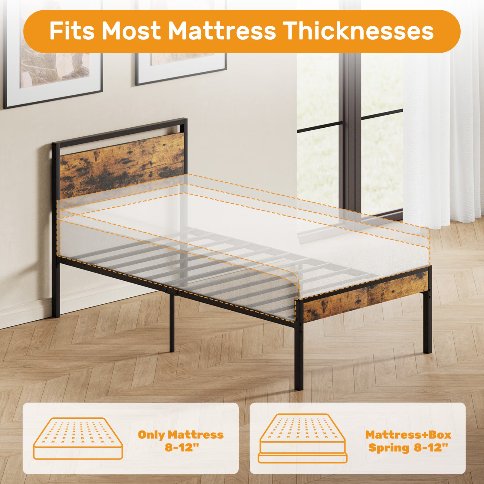 Gianna Heavy Duty Twin Size Metal Platform Bed, No Box Spring Required Rust