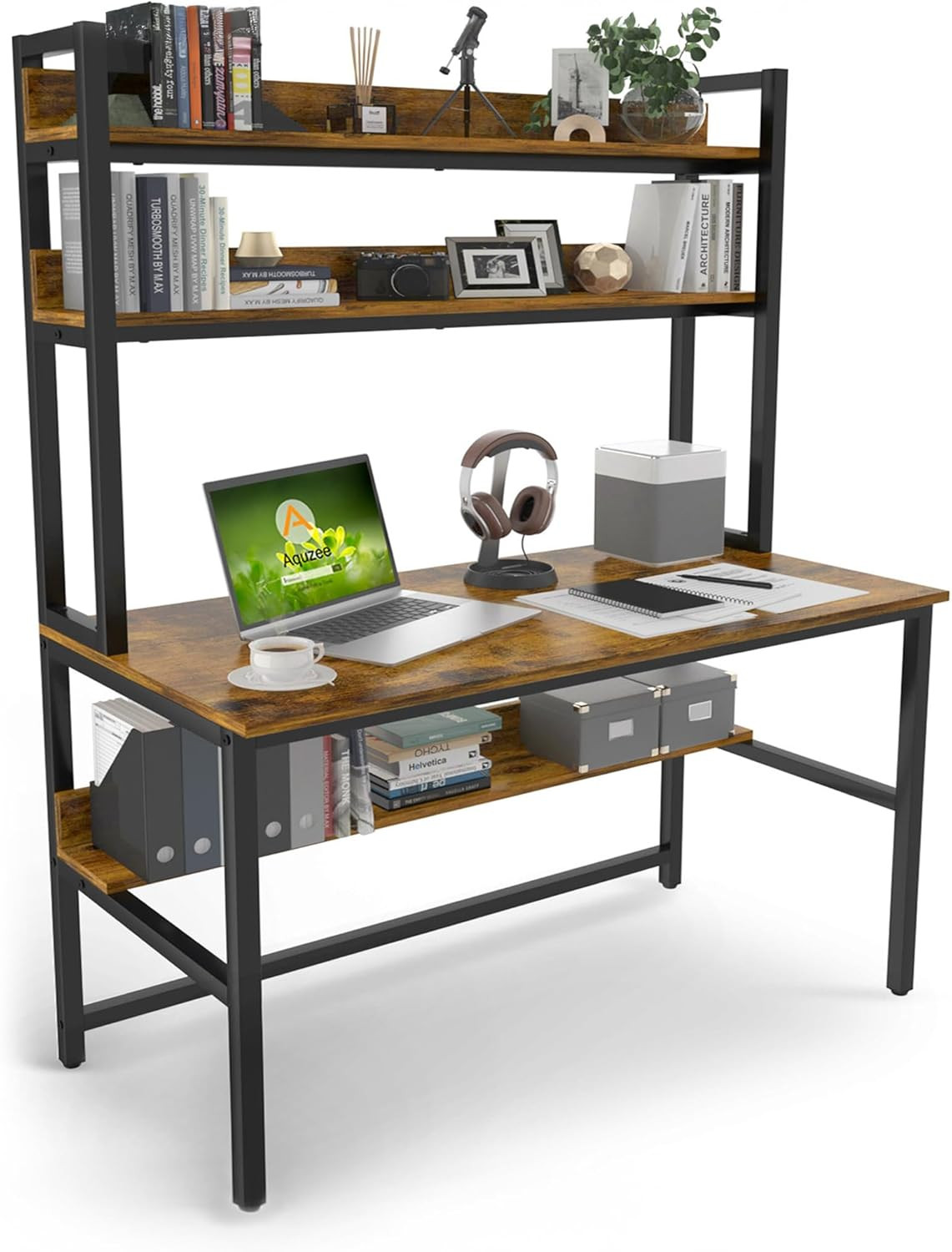 Computer Desk with Hutch, 47In Wide Desk with Shelves, Tall Home Office Desk wit