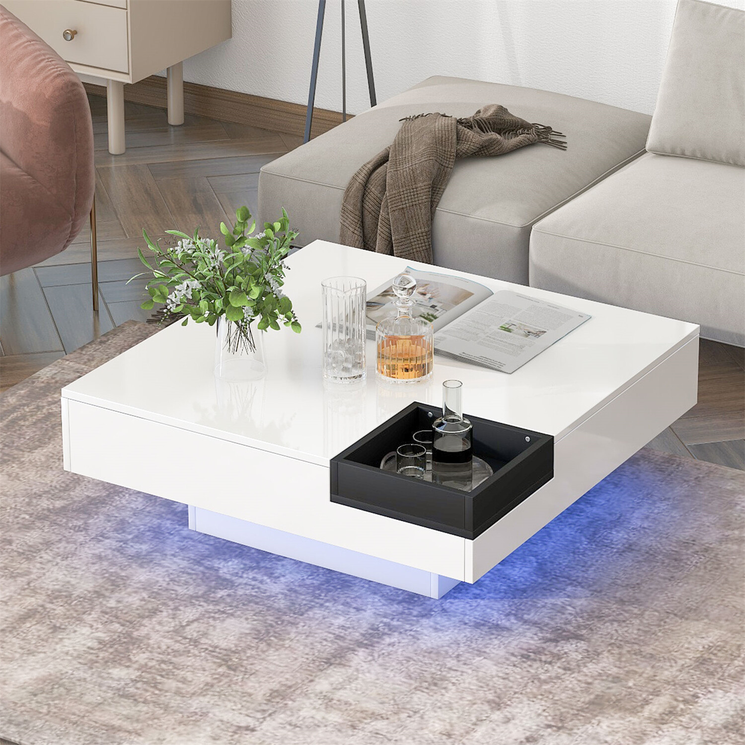 High Gloss Coffee Table Center Cocktail Table w/ LED Light for Living Room