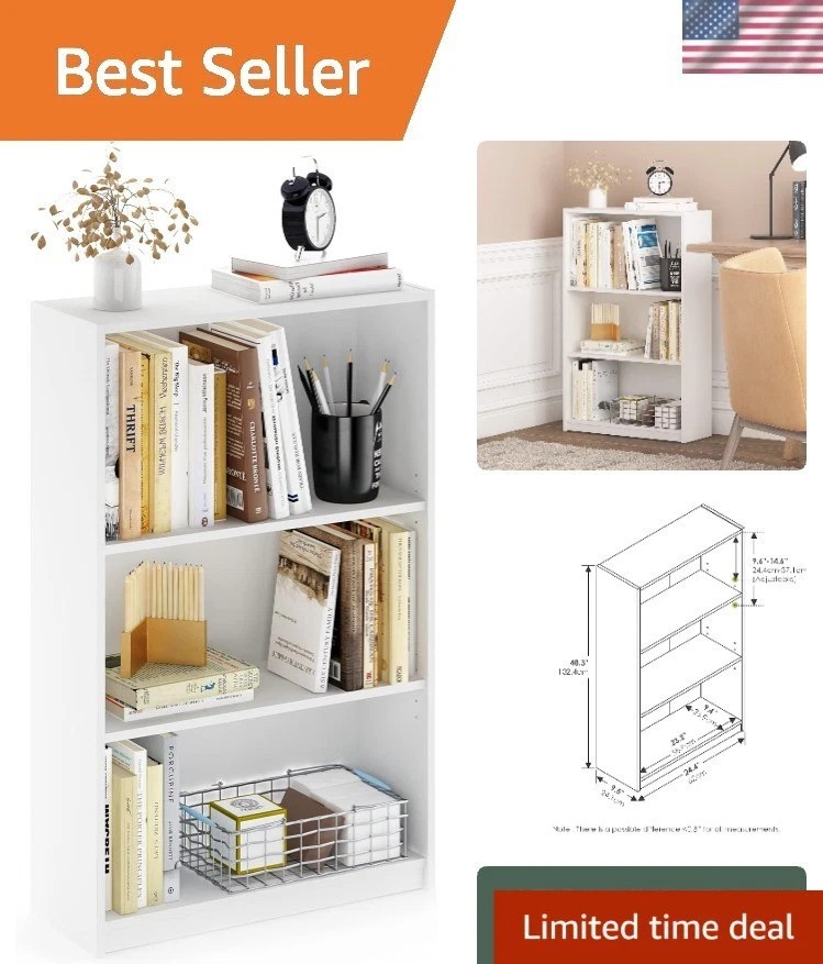 Space-Saving Jaya 3-Tier Bookshelf with Adjustable Shelves – Fresh White Finish