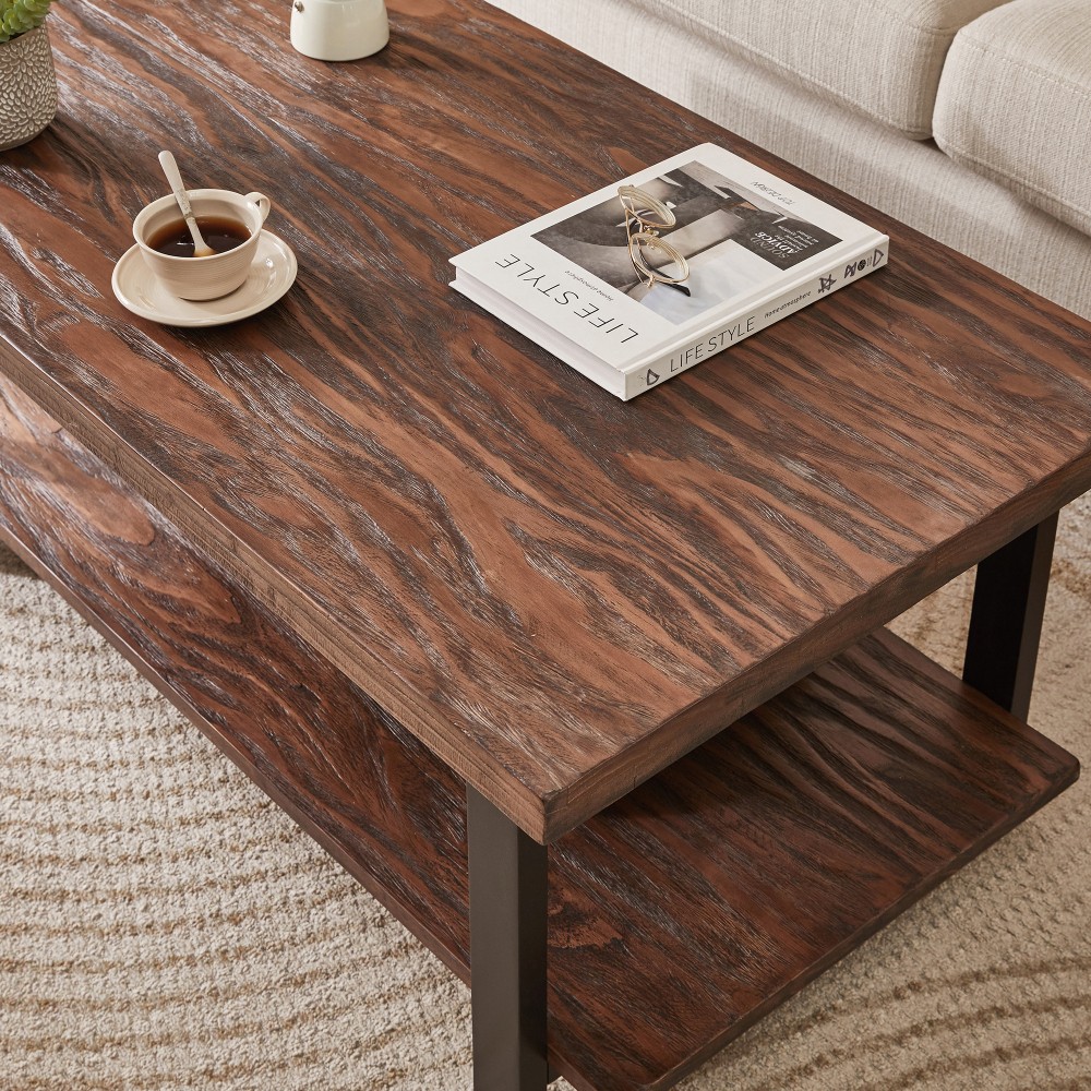 Rustic Pine Coffee Table with Rubberwood Legs, Two-Tier Industrial Storage Table