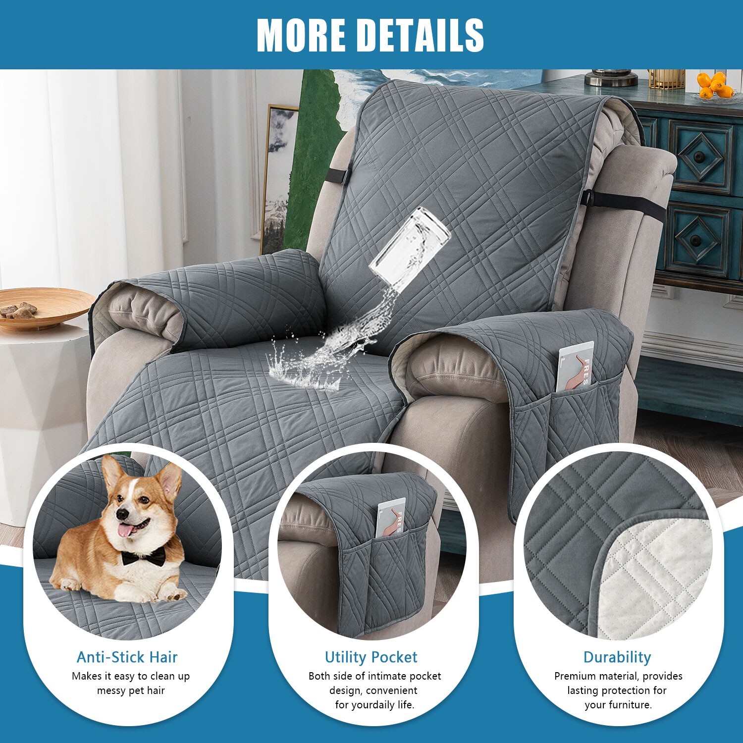 100% waterproof non-slip recliner cover, pockets, furniture protection trim