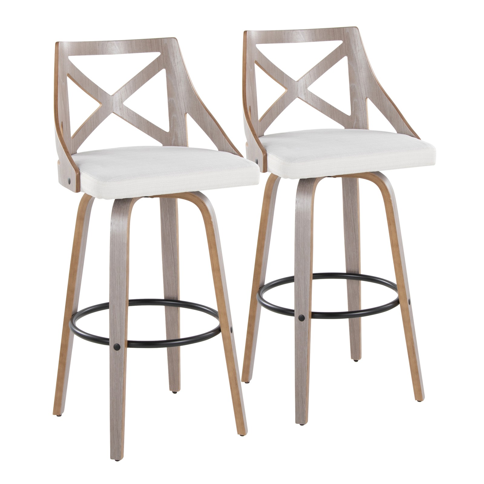 Fixed-Height Barstool Set of 2, Swivel, Light Grey Wood & Cream Fabric