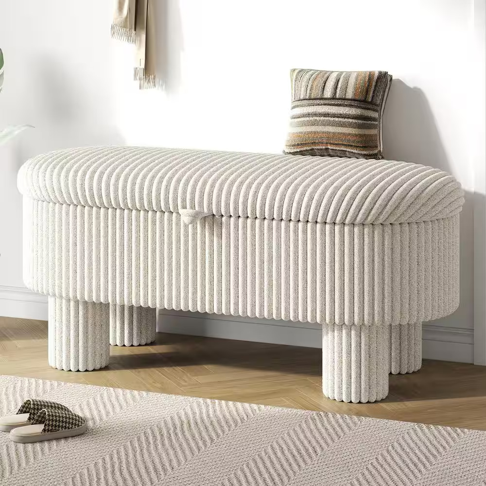 Caldric Modern Beige Corduroy Fabric Upholstered Oval Storage Ottoman Bedroom Be