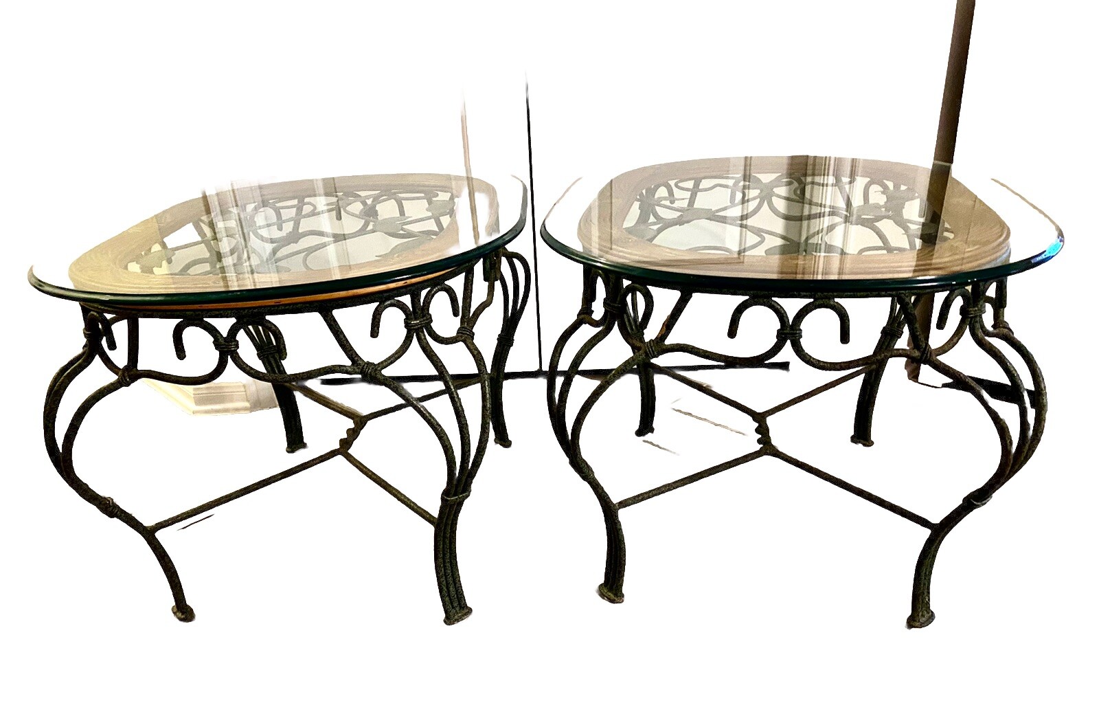 Vintage Ornamental Iron And Wood W Thick Glass Top End Or Coffee Tables 33x27x22