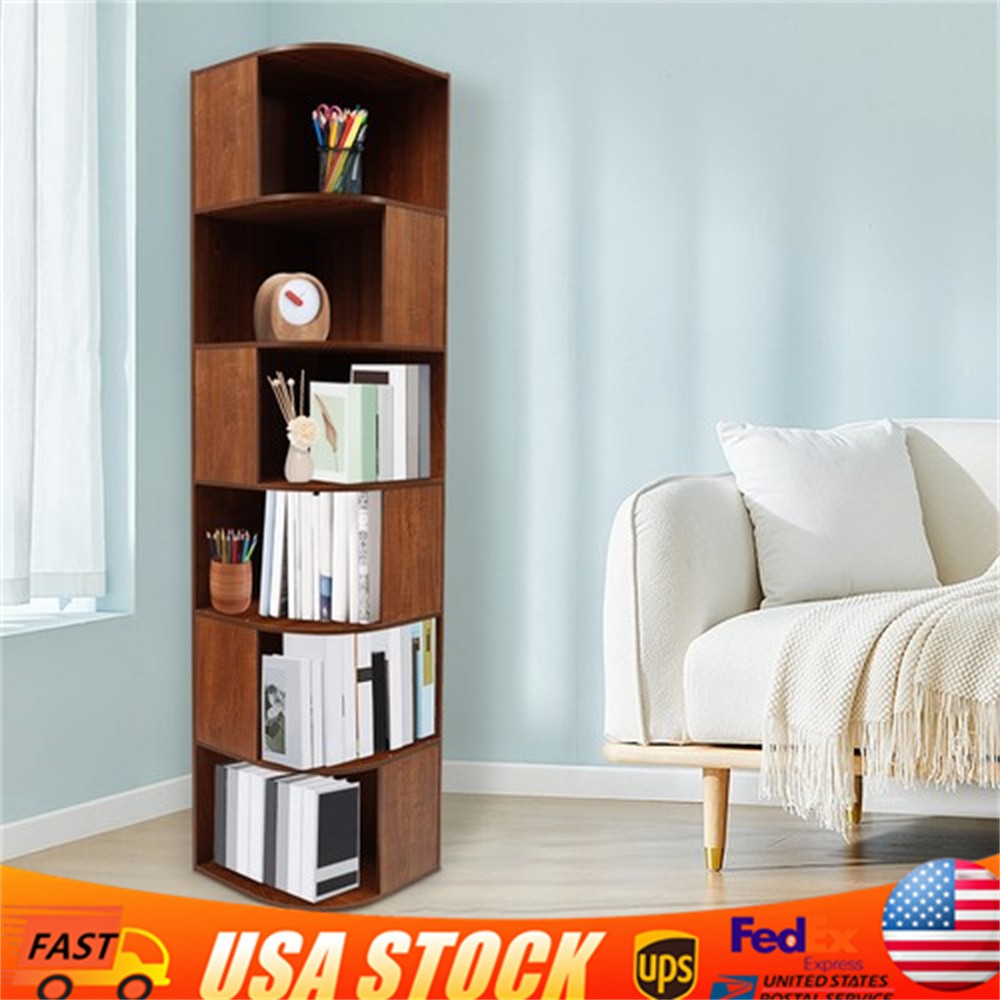 Modern 6 Tiers Wooden Corner Bookshelf Tall Storage Shelf Cabinet Display Rack