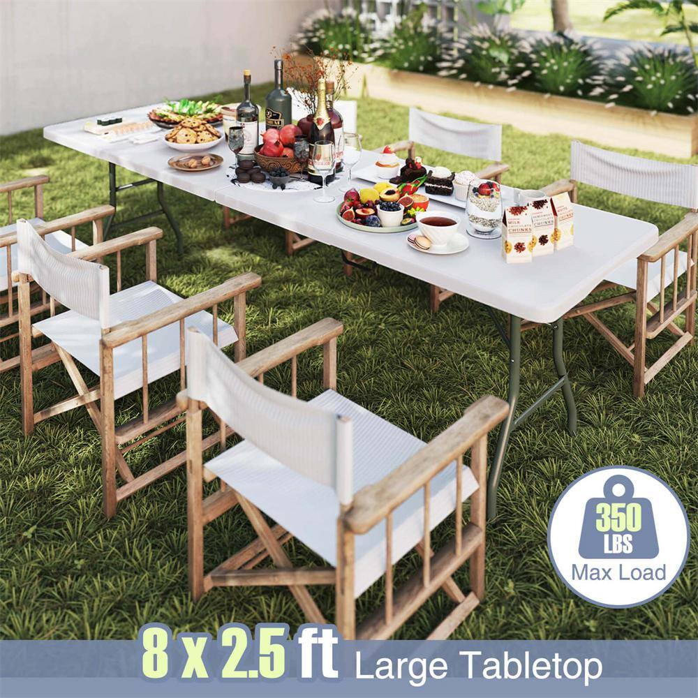 96 In. White Rectangle Metal Portable Folding Table with HDPE Tabletop Safe Lock