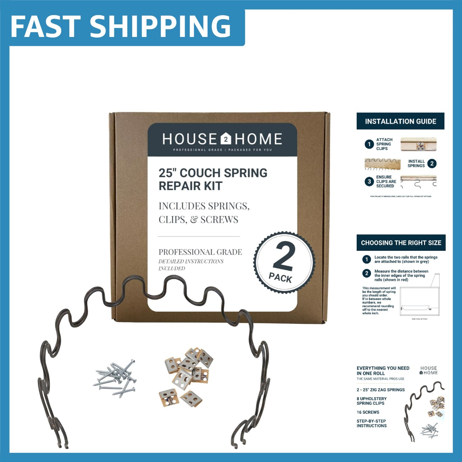25″ Sinuous Springs for Furniture Repair – Complete Installation Kit (2-Pack)