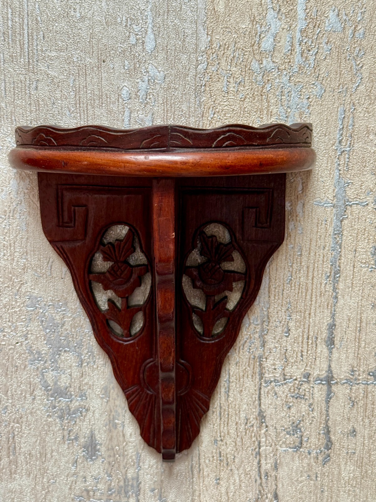 Vintage Chinese Carved Wood Wall Shelves Pair Floral Fretwork Display Shelves