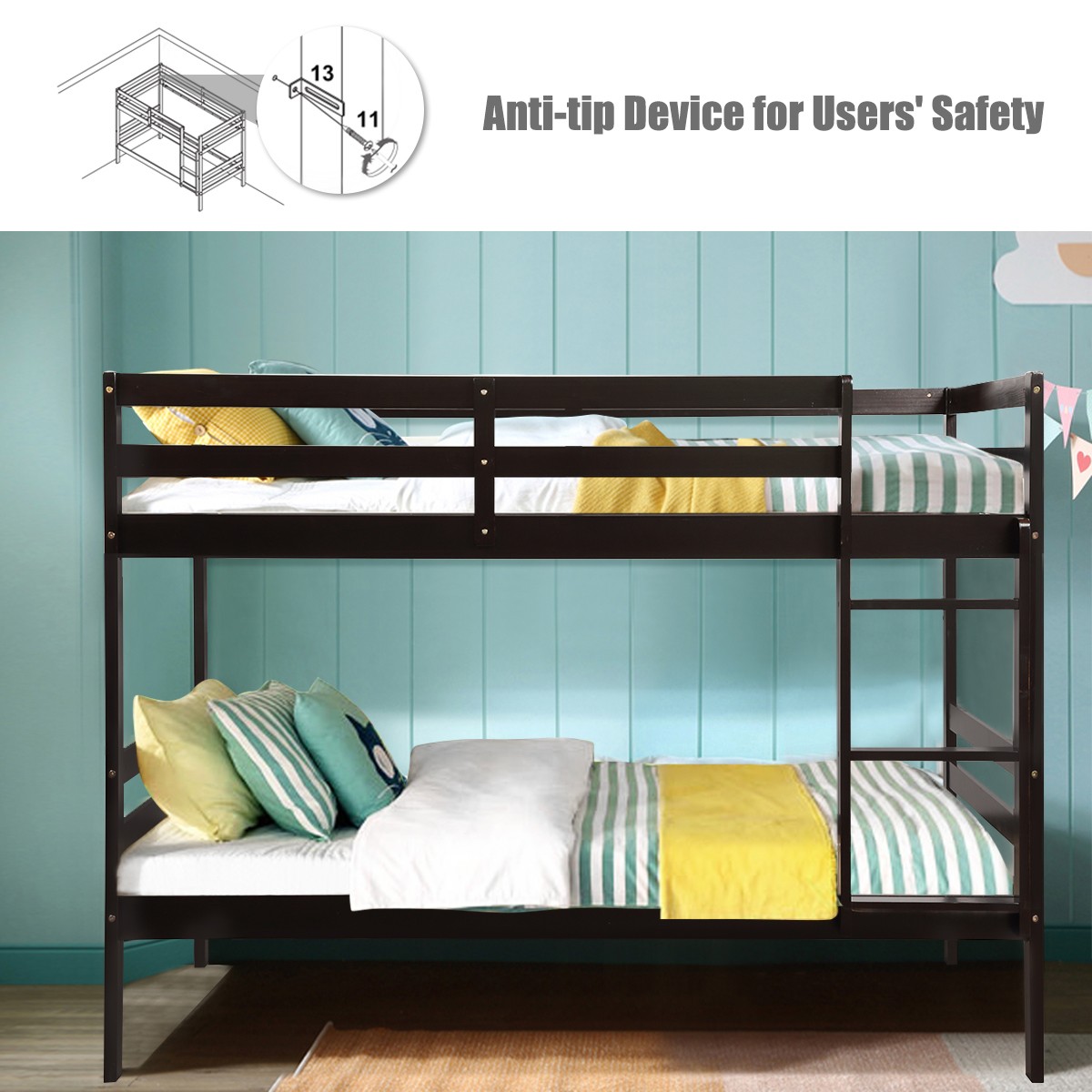 Twin Over Twin Wood Bunk Beds W/Ladder & Safety Rail Pine Wood Bunk Bed Espresso