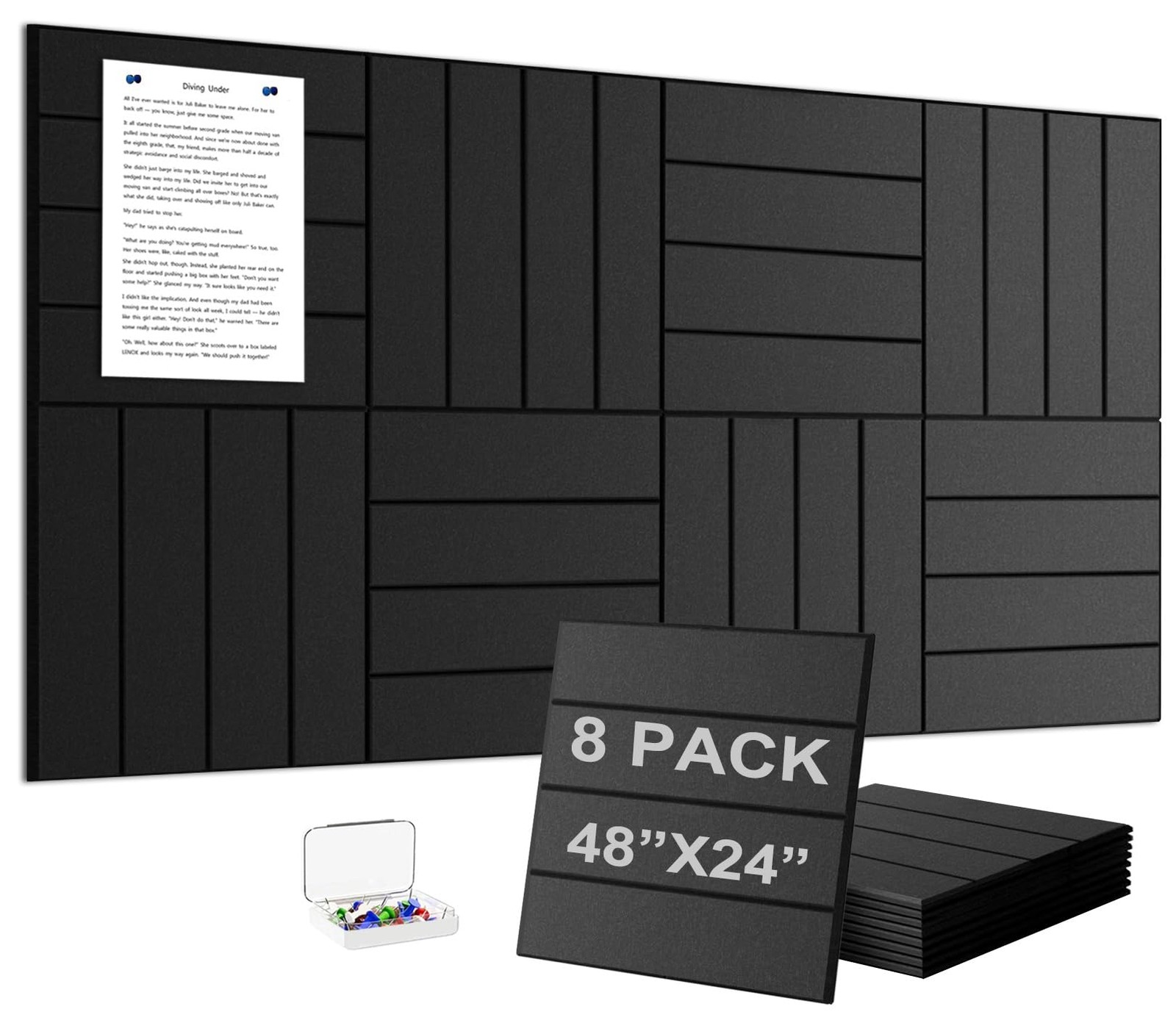 Large Felt Wall Tiles Bulletin Board 8 PCS 30 Pushpins 56 Adhesive Tabs Black