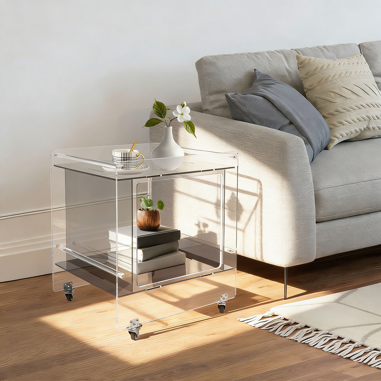 Side Table Acrylic Mobile Table 46x40x55cm Multifunctional End Table with Wheels