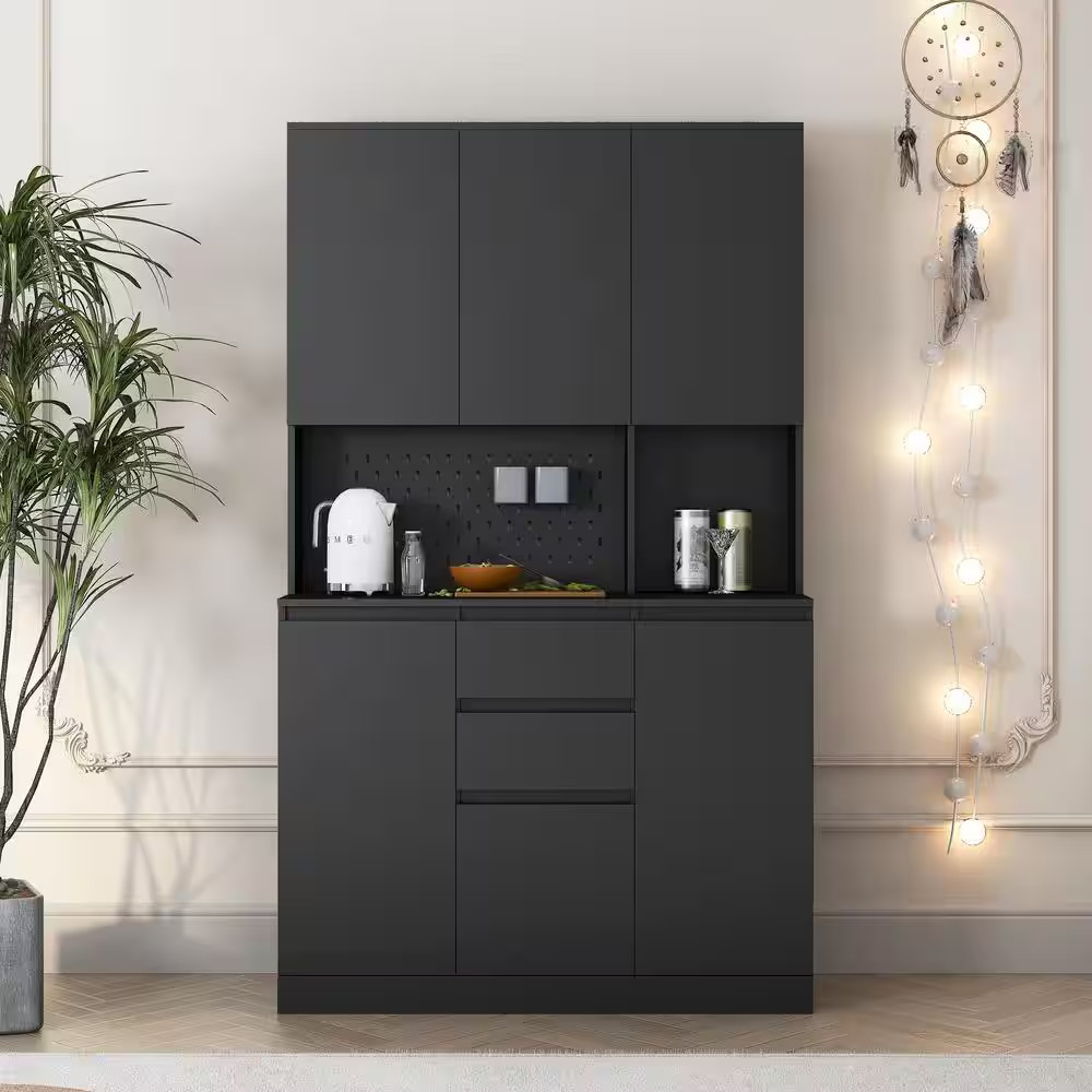 Black 74 In. Large Wood Pantry Organizer with Roll-Out 2-Drawer and Storage Shel