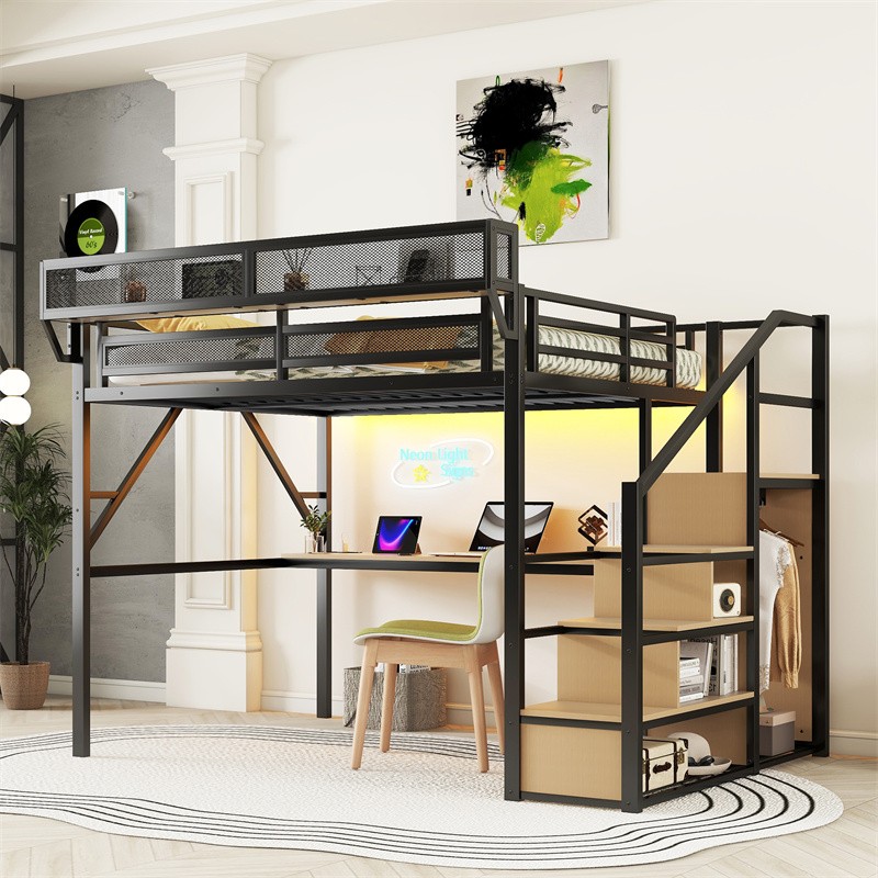Queen Size Loft Bed with Desk,Storage Stairs,Wardrobe & LED Light for Kids Teens