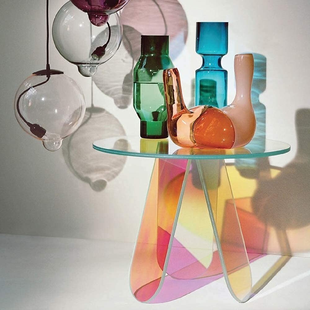 Iridescent Glass Coffee Table, Glass Art Rainbow Table, Color Reflects the Room