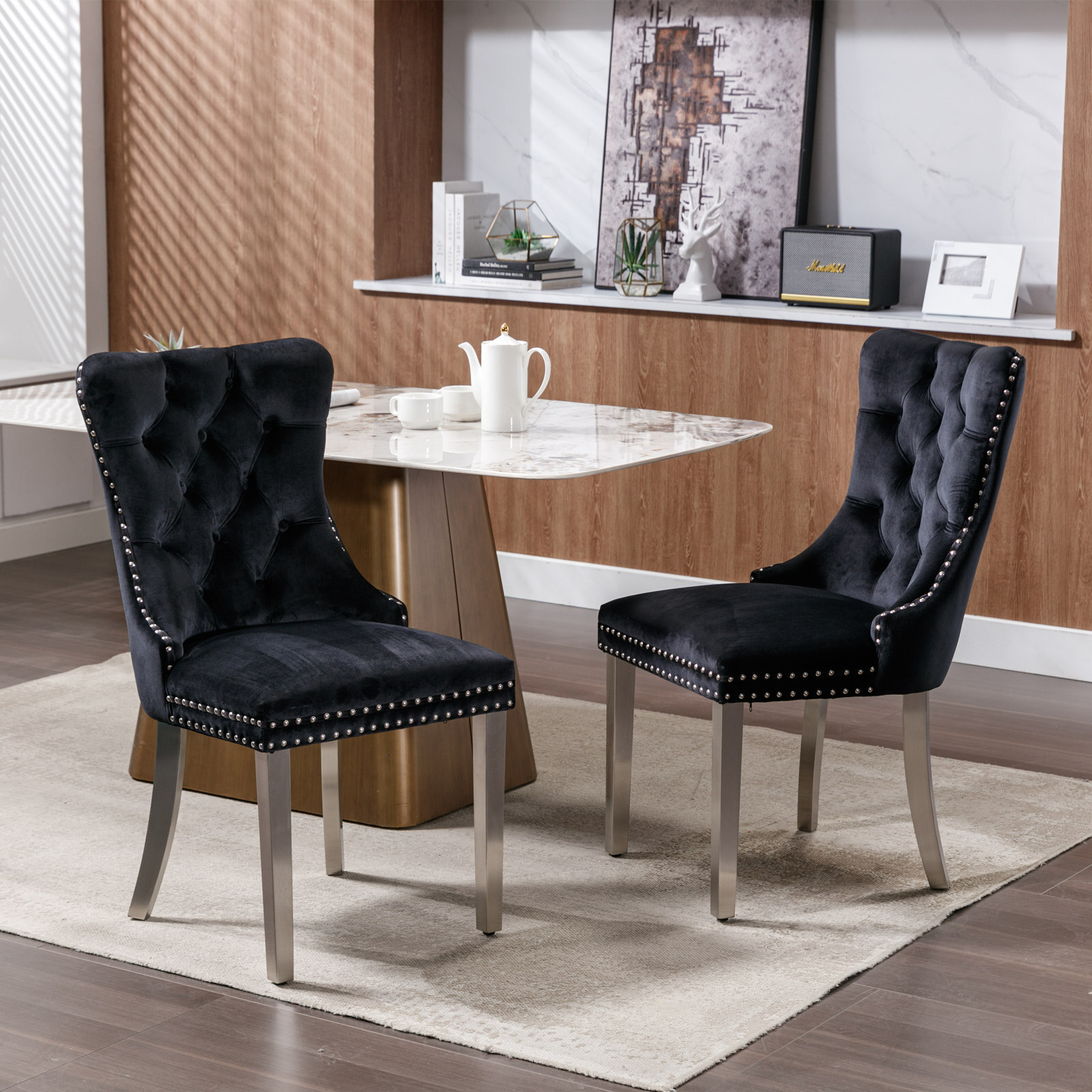 2X Black Velvet Upholstered Dining Chairs Nailhead Trim Stainless Steel Legs NEW