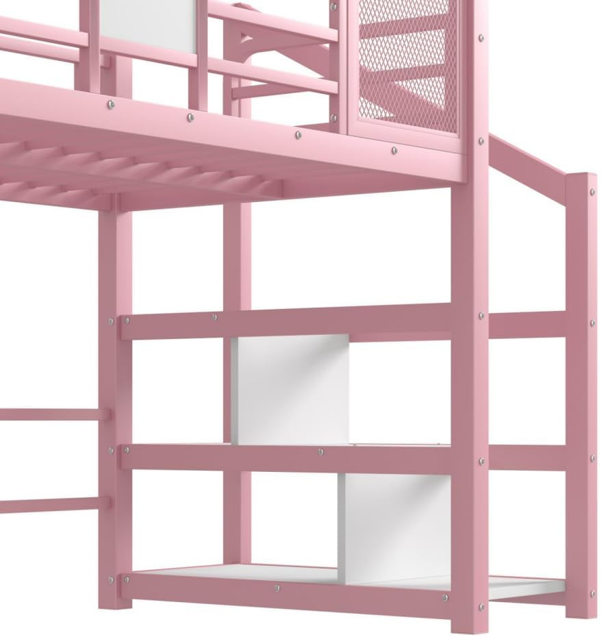 Pink Full Over Full Metal Bunk Bed with Slide and Stairs for Kids