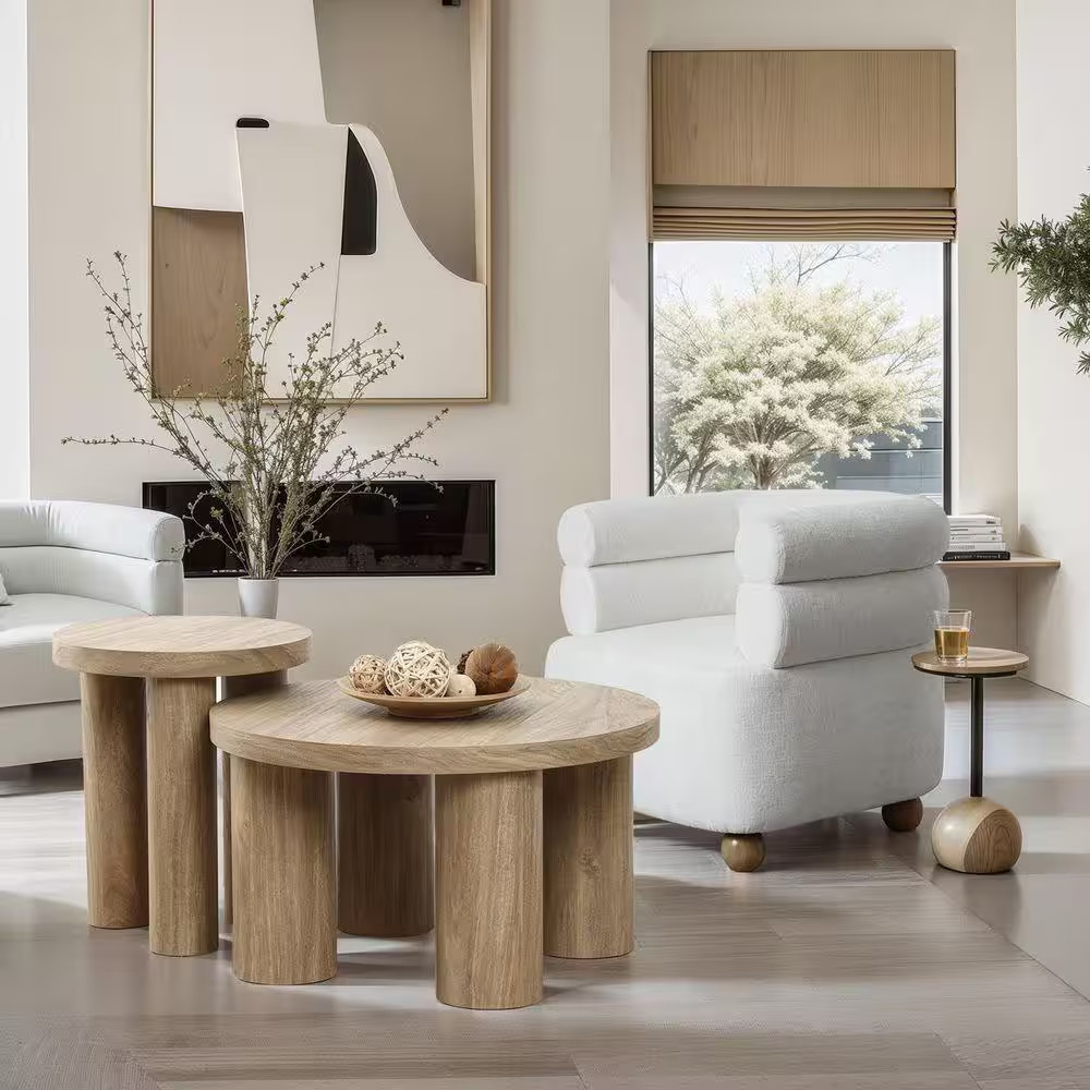 27.6 In. Oak round Wood Coffee Table with 4-Pillar Legs