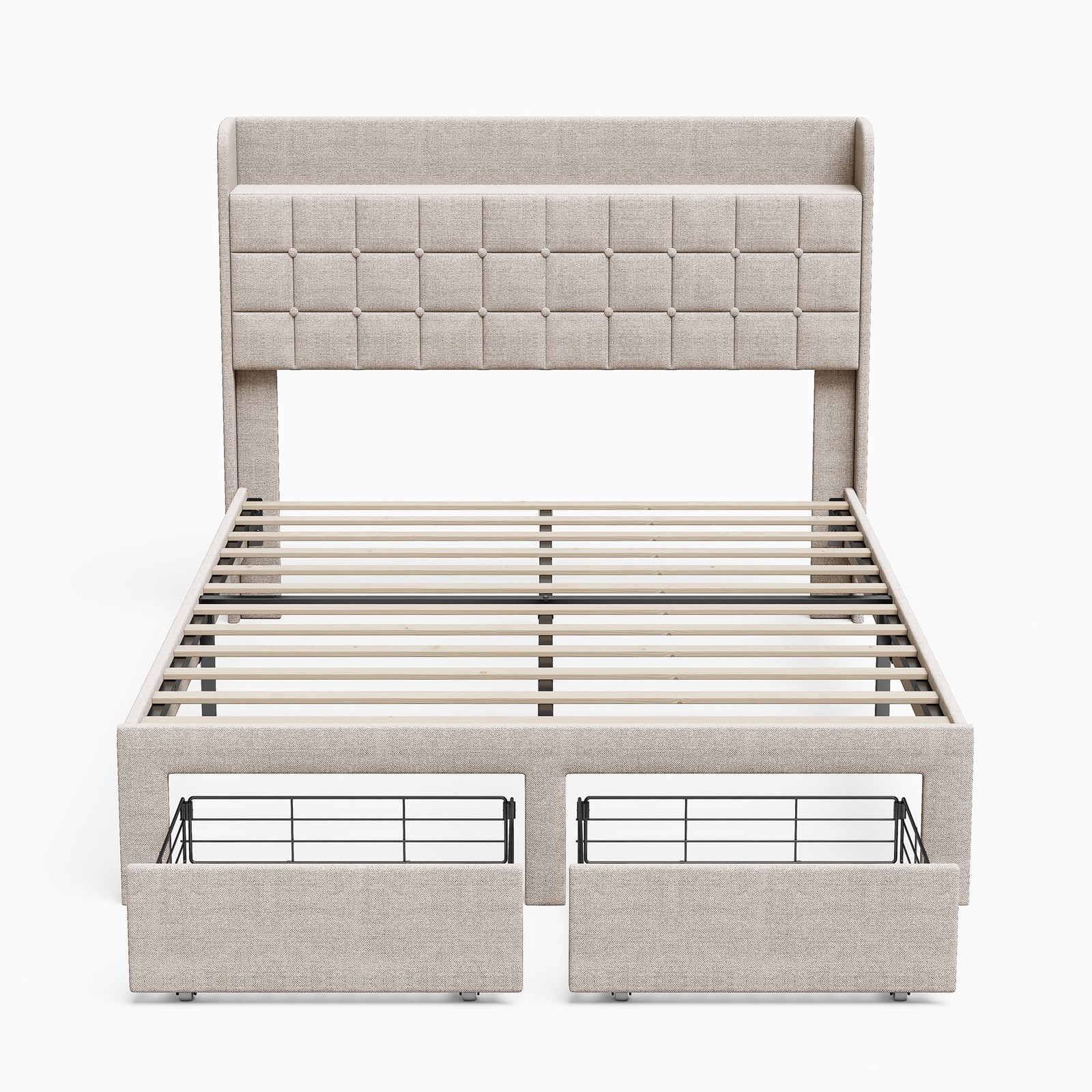 Heavy Duty Platform Bed Frame with Storage,2 Metal Baskets&Upholstered Headboard