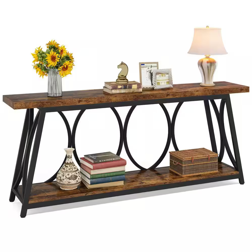 70.87 In. Brown Rectangle Wood Console Table with Metal Base and Shelf