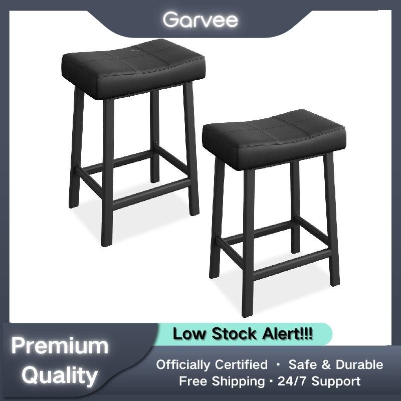 24in Counter Height Bar Stools Set 2 Upholstered Padded Saddle Curved Cushion