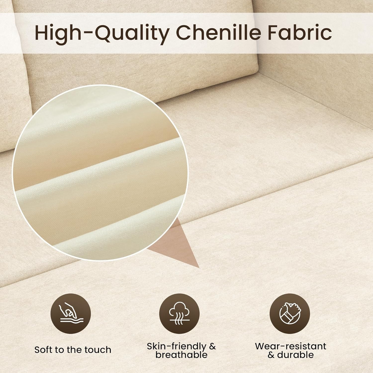Sofa Couch 71Inches Convertible Folding 3Seater Chenille Storage Pillows Beige