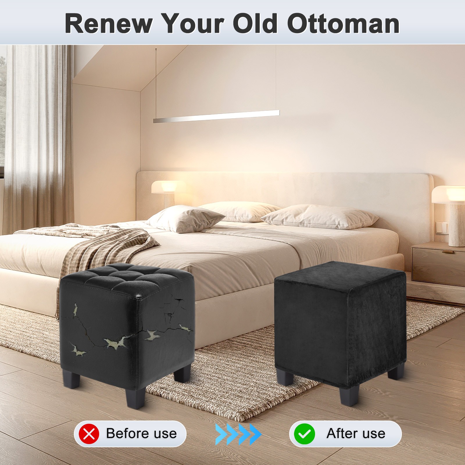 1-Pack 13″x13″x15″ Stretch Square Ottoman covers Footstool Protector Black