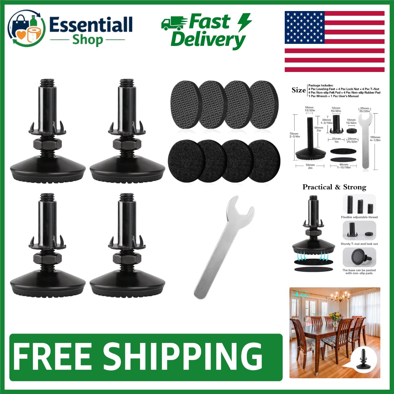Set of 4 Durable Adjustable Levelers, Screw-On Feet for Tables & Chairs, Black