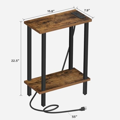 Small End Table with Charging Station, USB Ports & Outlets, Slim Nightstand, Bro