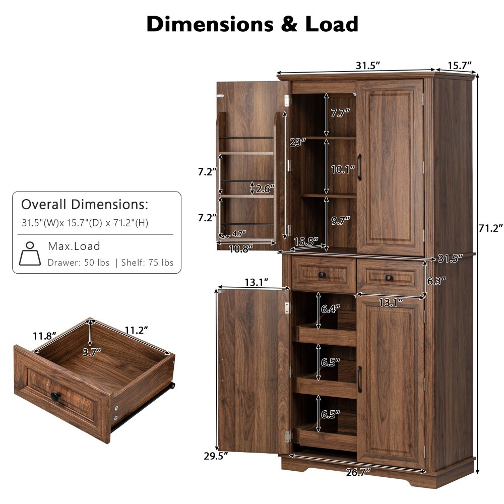 Kitchen Pantry Storage Cabinet Cupboard w/Pull Out Organizer Door Shelves Drawer