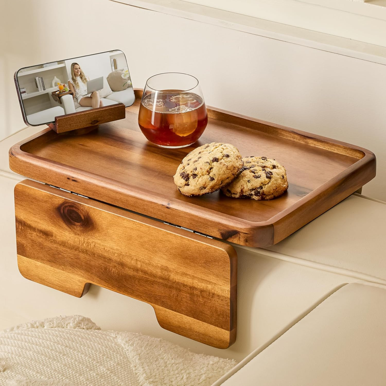Acacia Wood Sofa Armrest Tray – 13.75 X 9.5In Double Hinge Sofa Arm Tray Table C