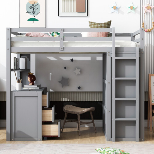 Solid Wood Loft Bed with Desk and Wardrobe Storage Cabinet Twin Size Bed Frames