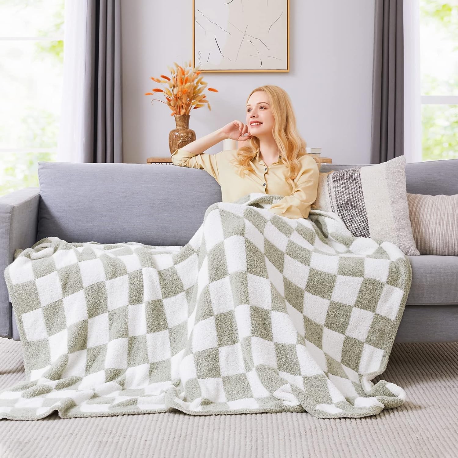 Checkered Throw Blanket Soft Cozy Fluffy Hand Made Throw Couch Blankets 50×70