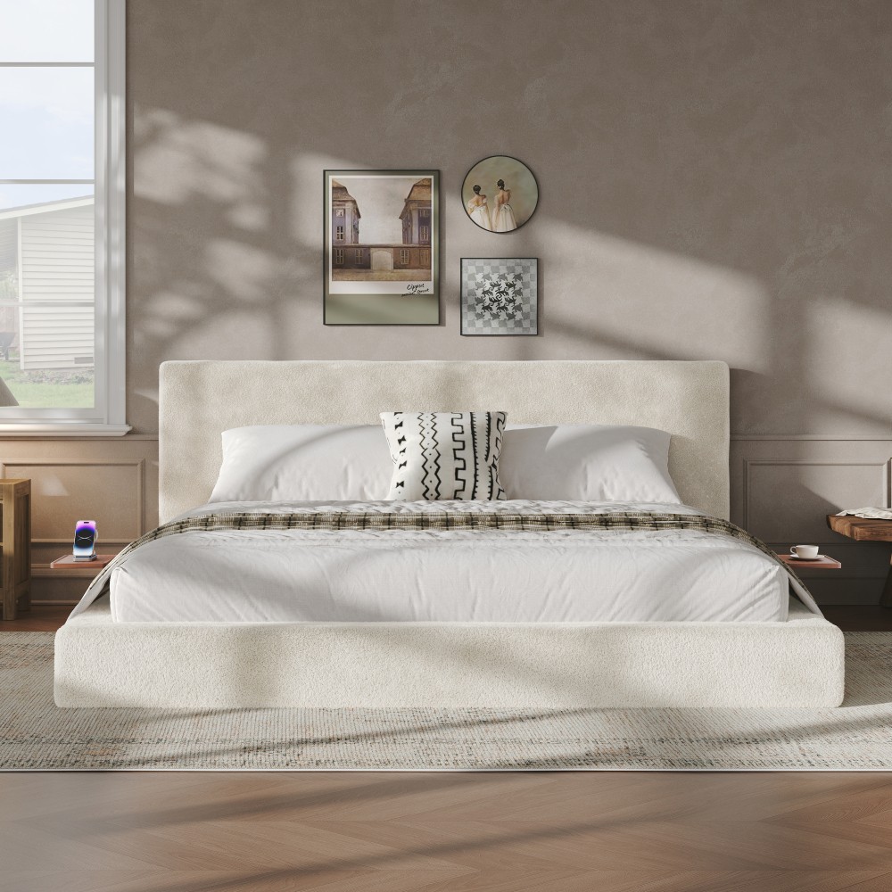 AirFrame King Bed Frame–Sliding Side Table, Cloud Upholstered Sponge Cushion