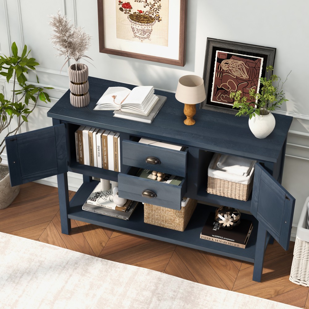 46”Solid Wood Sideboard Console Tablewith2Drawers and Cabinets and Bottom Shelf