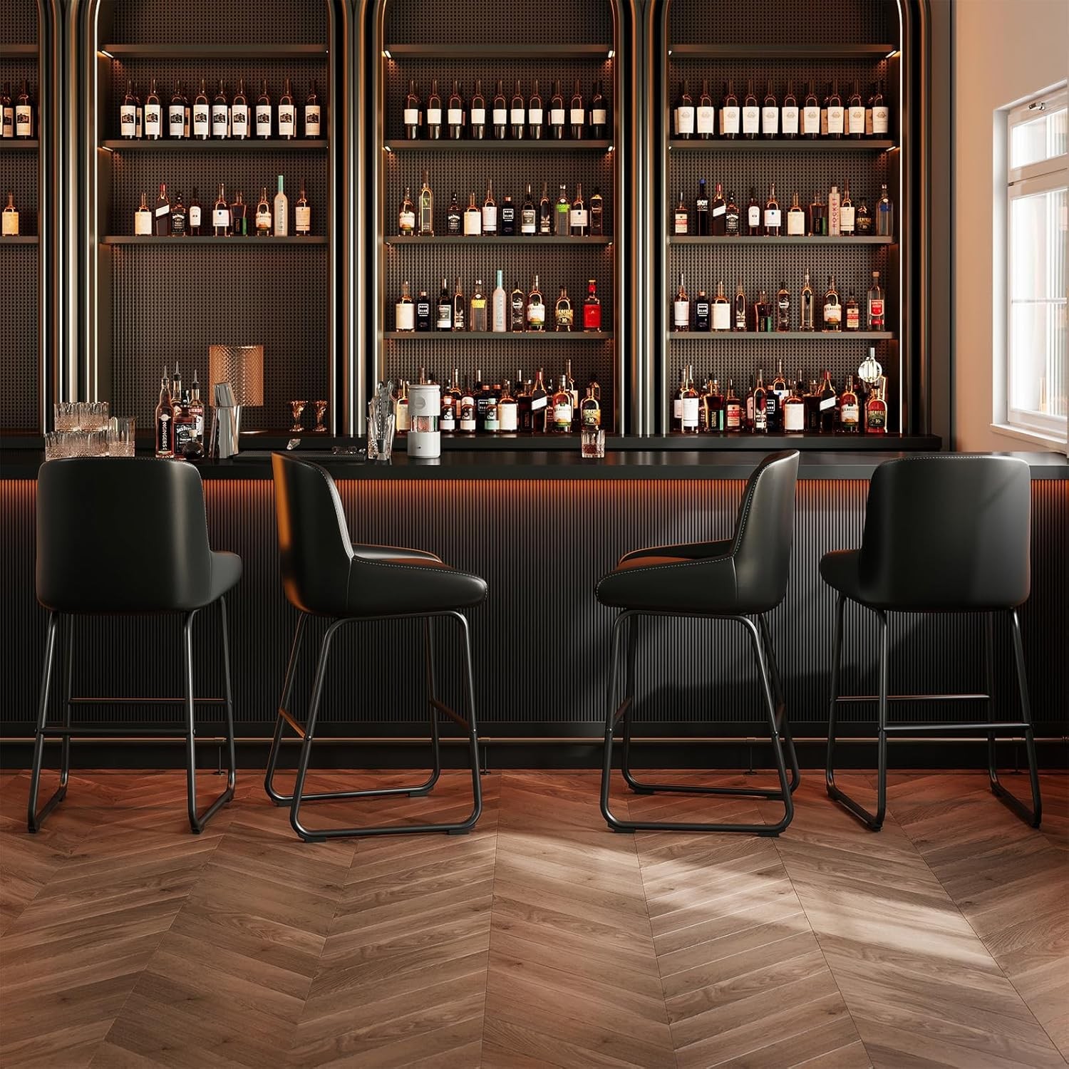 Counter Height Bar Stools Set of 3, PU Leather Barstools with Back and Footrest