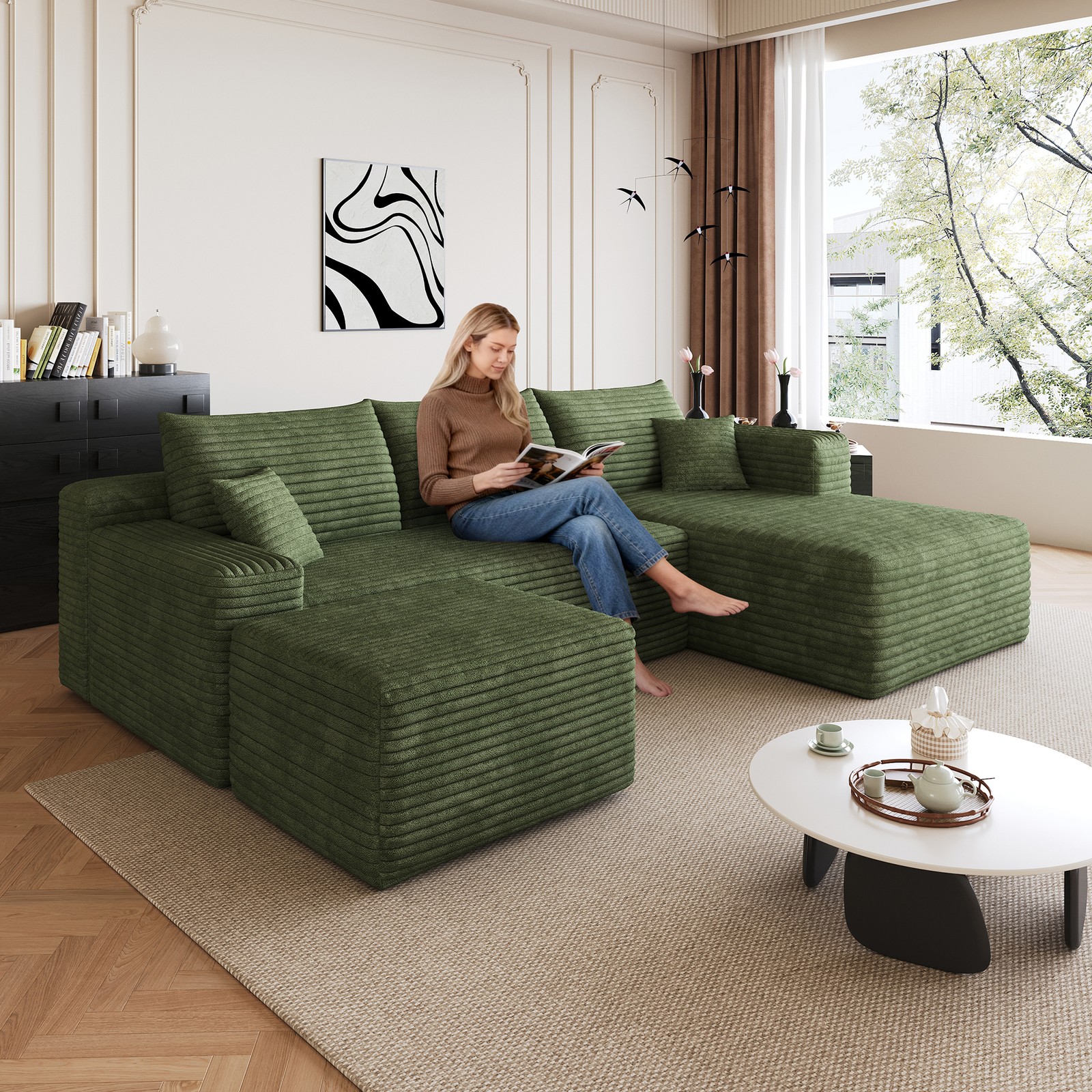 95″ Cloud Sectional Sofa with Ottoman, U-Shaped, Plush Corduroy, Green